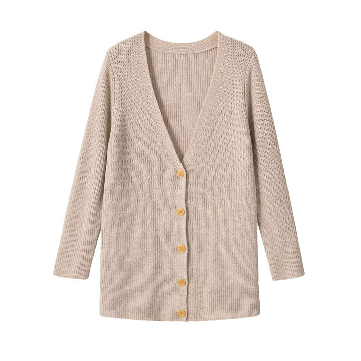 Damen Longline Strickcardigan mit V‑Ausschnitt und Holzknöpfen Drune