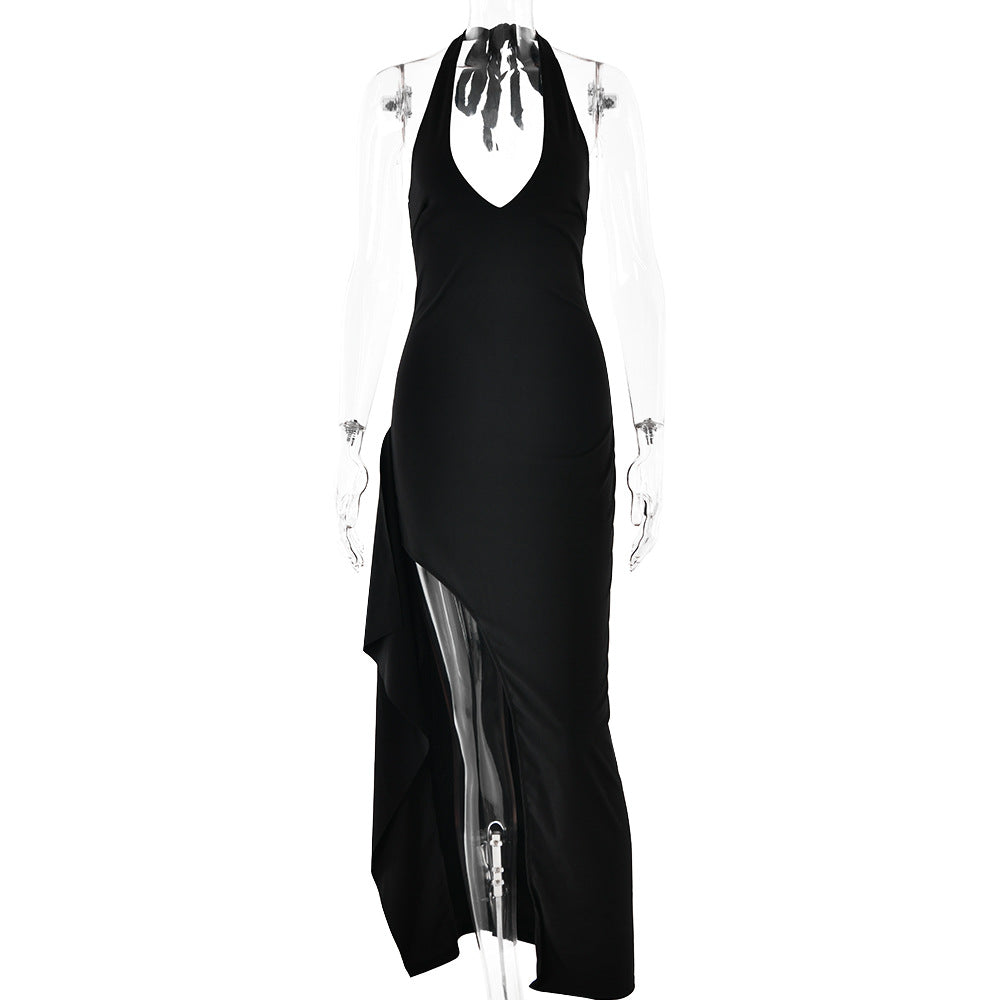 Damen Elegantes Maxikleid mit tiefem V-Ausschnitt und asymmetrischer Drapierung Drune