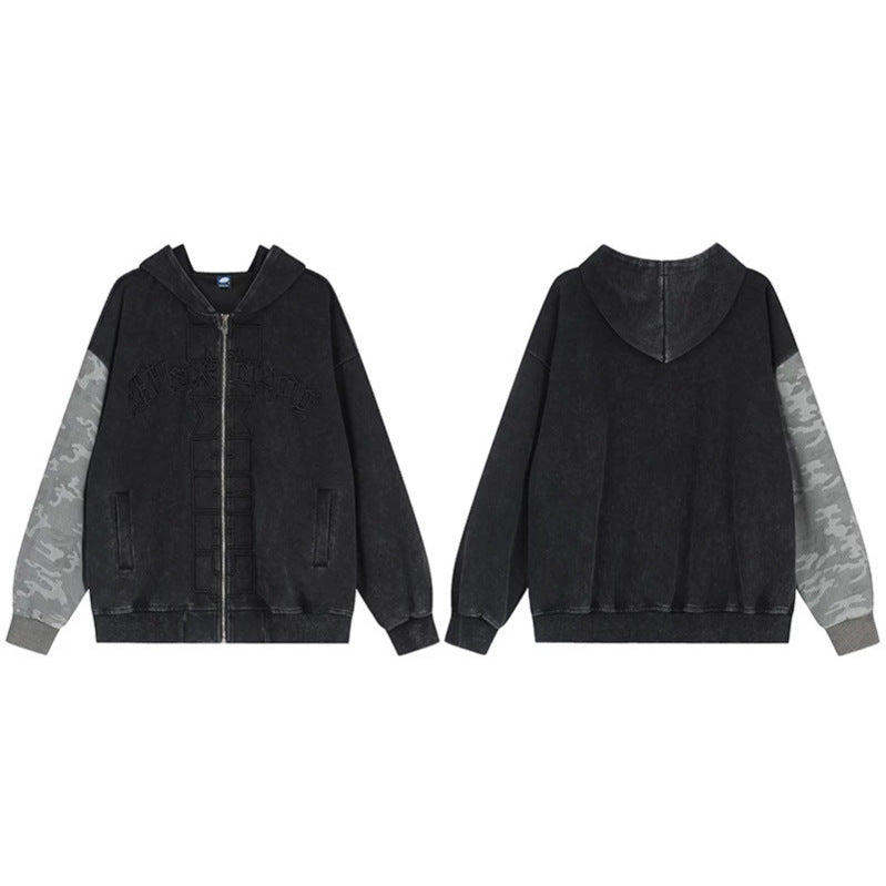 Unisex Oversize-Kapuzen-Zipjacke mit Camouflage-Ärmel, Washed‑Effekt und erhabener Frontstickerei Drune
