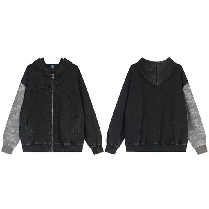 Unisex Oversize-Kapuzen-Zipjacke mit Camouflage-Ärmel, Washed‑Effekt und erhabener Frontstickerei Drune