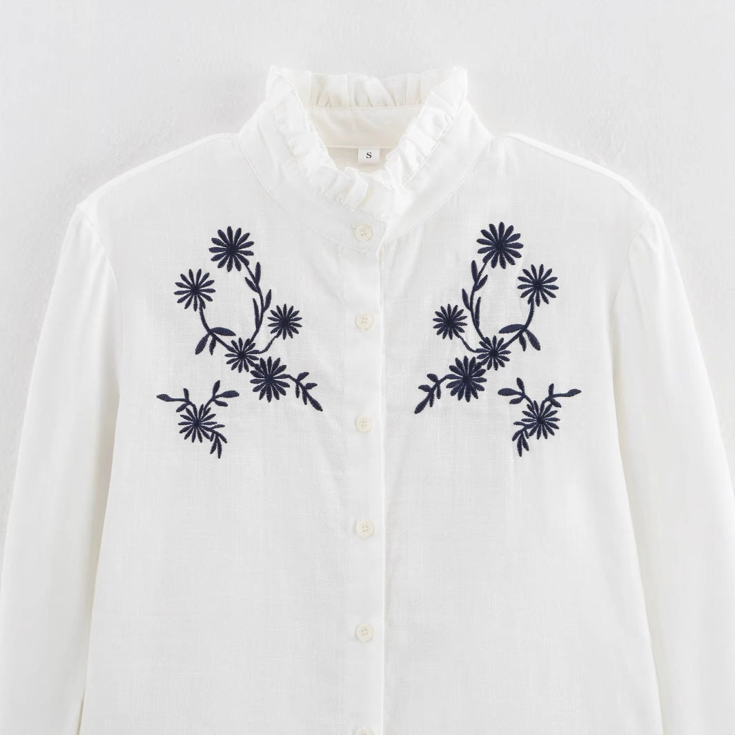 Damen nan bestickte Bluse mit Volumenärmeln und Rüschenstehkragen Drune