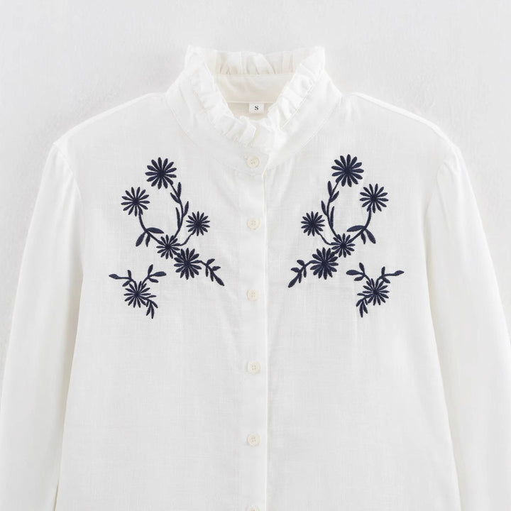 Damen nan bestickte Bluse mit Volumenärmeln und Rüschenstehkragen Drune