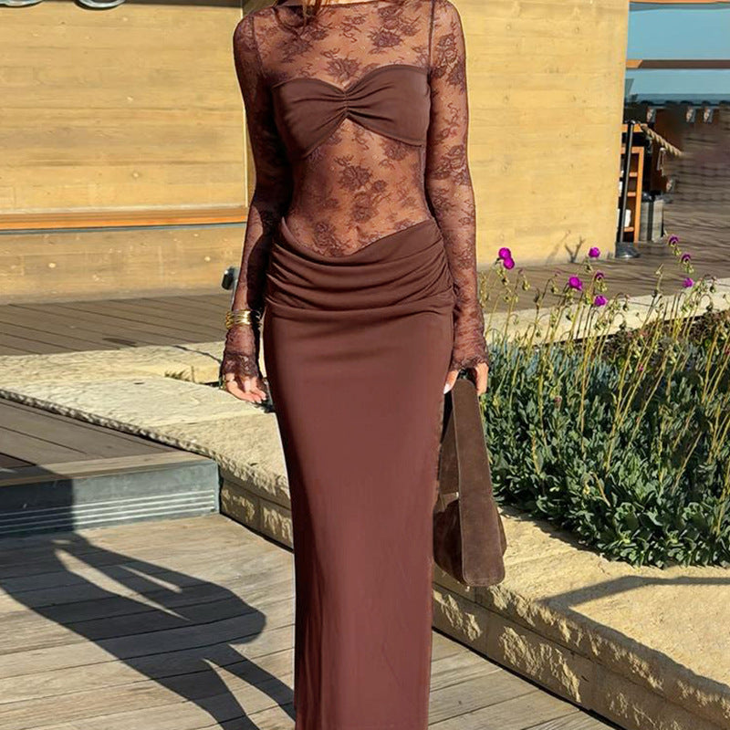 Damen Hochwertiges Maxikleid mit transparenten Langarmen Drune