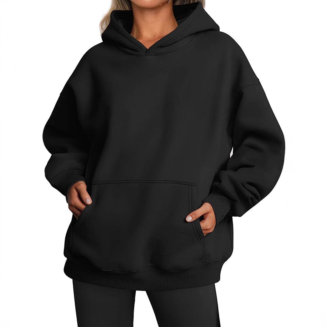 Damen nan Oversize-Kapuzenpullover mit verlängertem Rückenteil, innen angerautem Fleece und Kängurutasche Drune