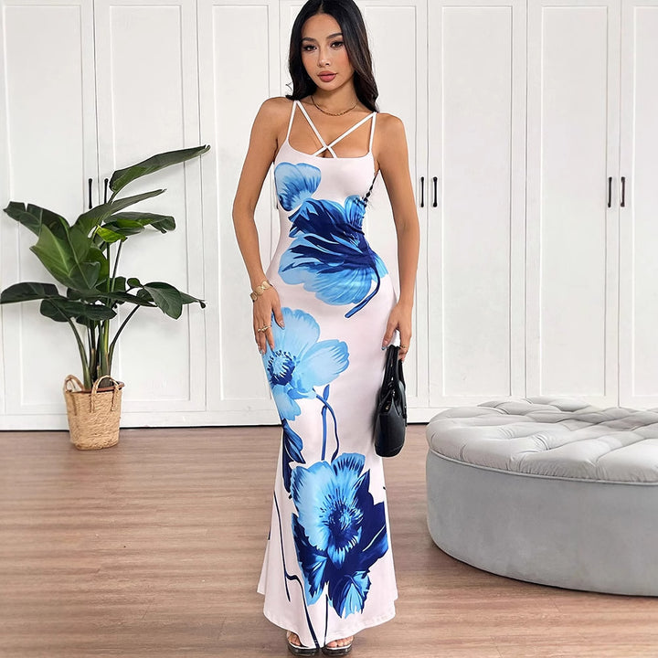 Damen Floral Maxikleid mit zarten Spaghetti-Trägern und figurbetontem Schnitt Drune
