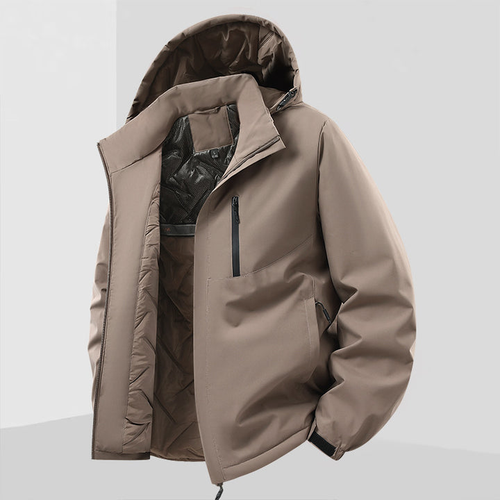 Herren Leichte isolierte Hybrid-Outdoorjacke mit Thermofutter, Kapuze und wasserdichten Reißverschlüssen Drune