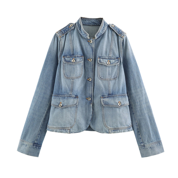 Damen nan leichte Denimjacke mit Stehkragen Schulterklappen und vier Pattentaschen Drune