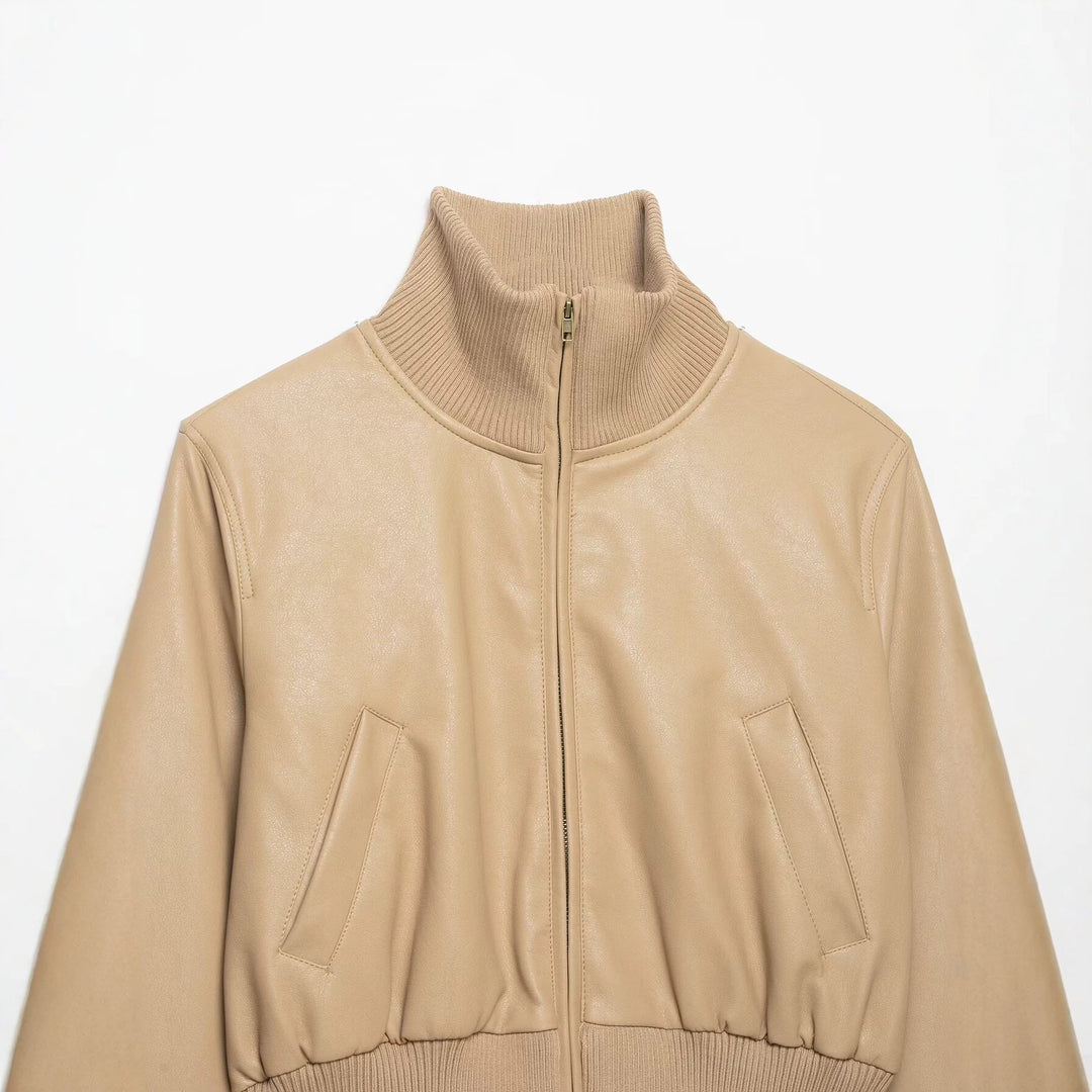 Damen Kurz geschnittener Lederblouson mit hohem Rippkragen Drune