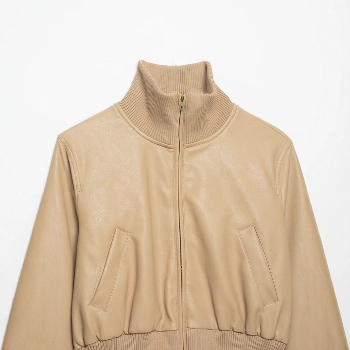 Damen Kurz geschnittener Lederblouson mit hohem Rippkragen Drune