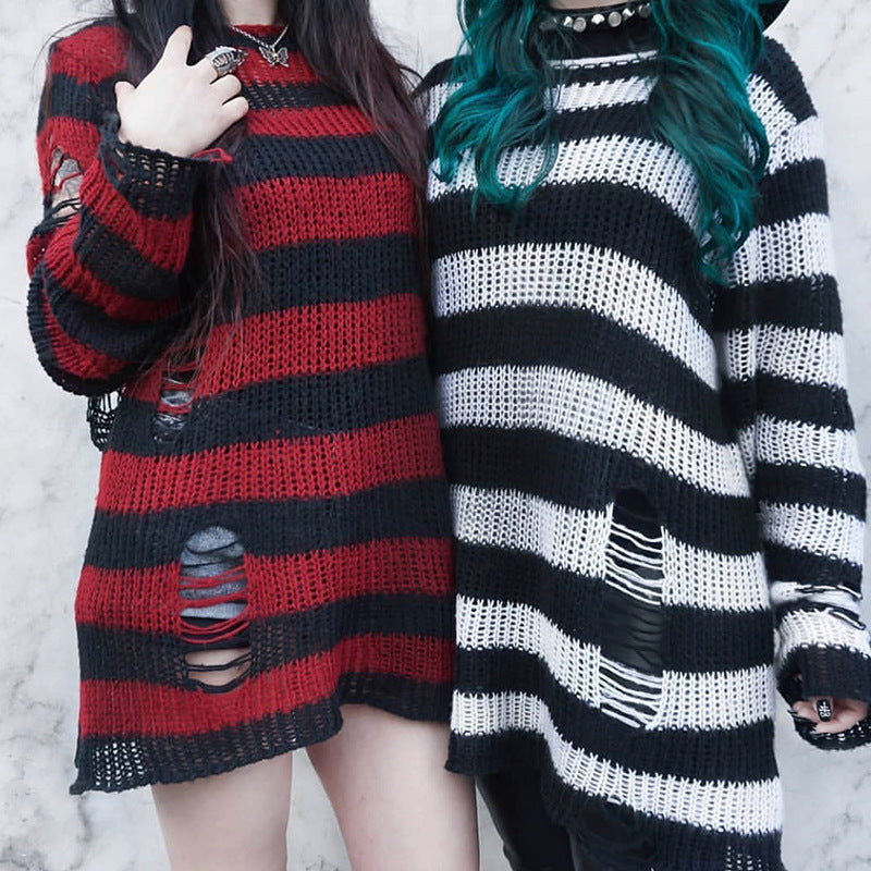 Damen nan Oversized Grobstrickpullover mit breiten Blockstreifen und aufgerissenem Design Drune