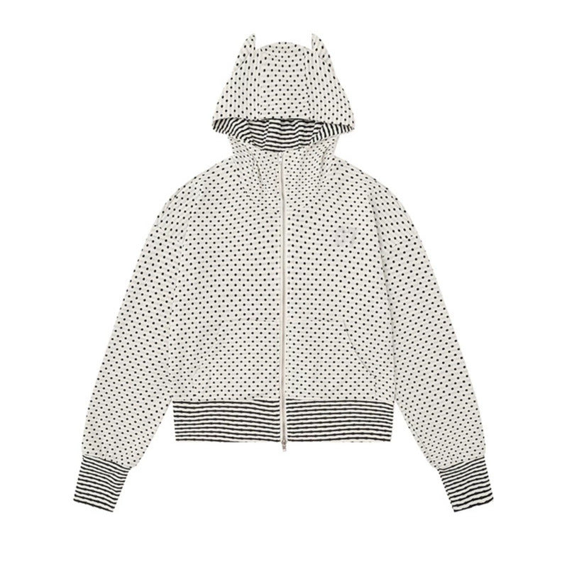Damen Kapuzen‑Sweatjacke mit Reißverschluss, Ohr‑Applikation und Allover‑Pünktchen Drune