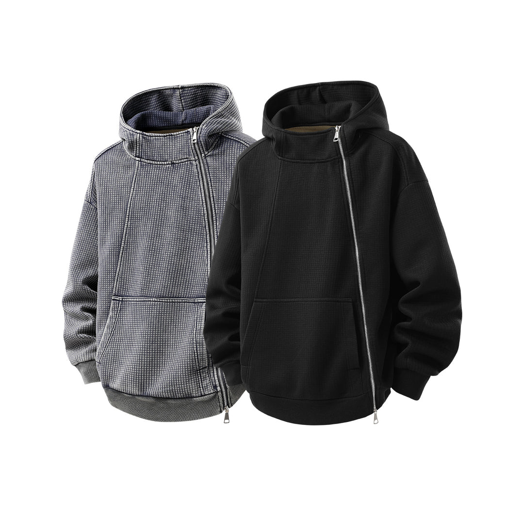 Unisex Asymmetrischer Kapuzenpullover mit hohem Kragen, diagonalem Reißverschluss und Kängurutasche Drune