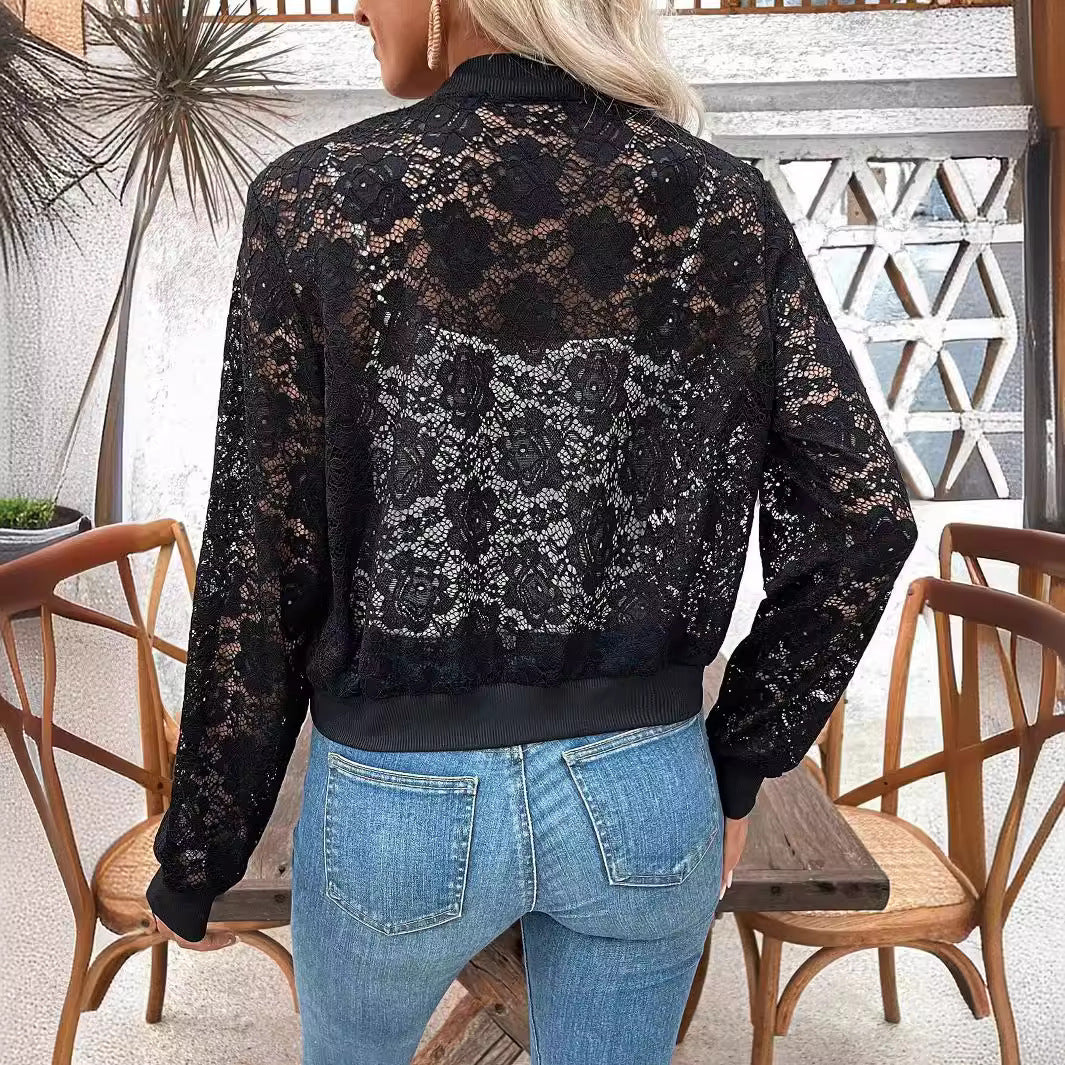 Damen nan Spitzen-Bomberjacke mit Reißverschluss, Rippbündchen und floraler Transparenz Drune