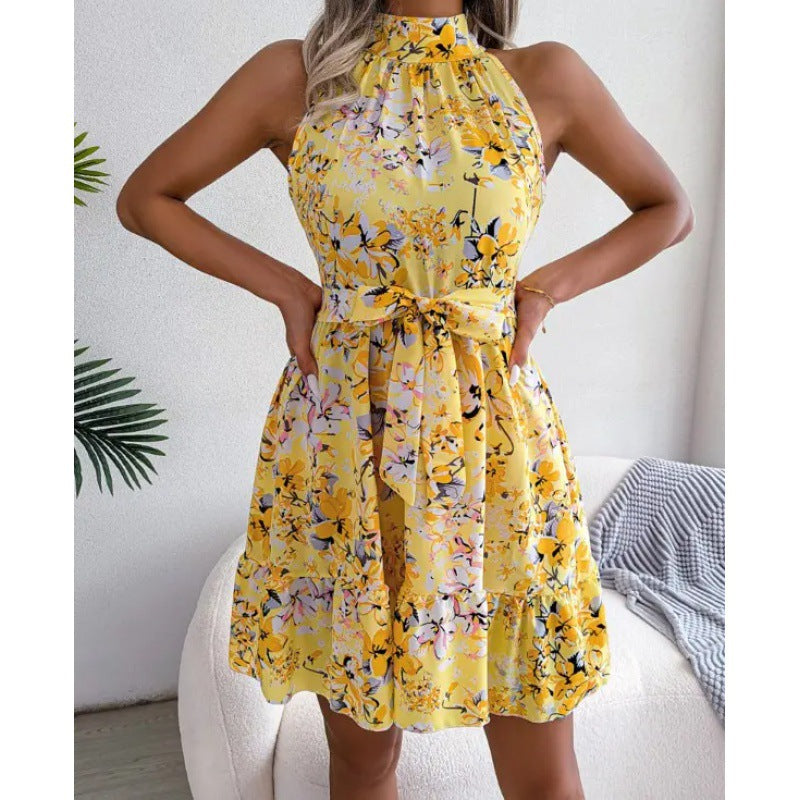 Damen Halterkleid mit floralen Mustern und voluminösem Rock Drune