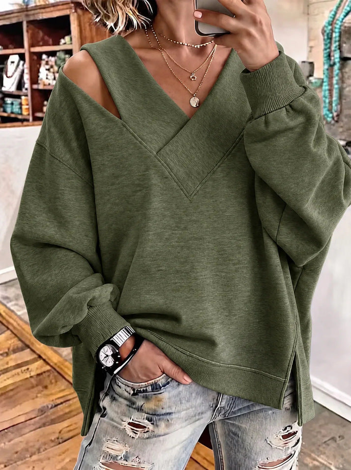 Damen Oversize-Sweatshirt mit V‑Ausschnitt und Cut-Out-Schulter Drune
