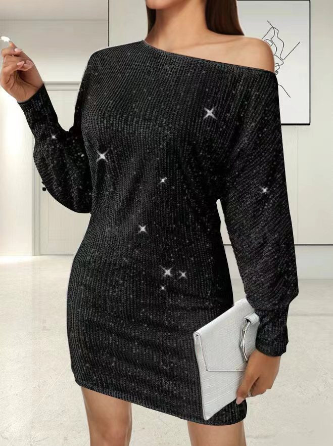 Damen Glamouröses Minikleid mit asymmetrischem Schulterdesign und Funkeleffekten Drune