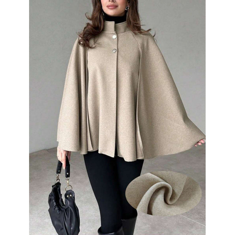 Damen Cape-Mantel mit Stehkragen, fließender A-Linie und verdeckter Knopfleiste Drune