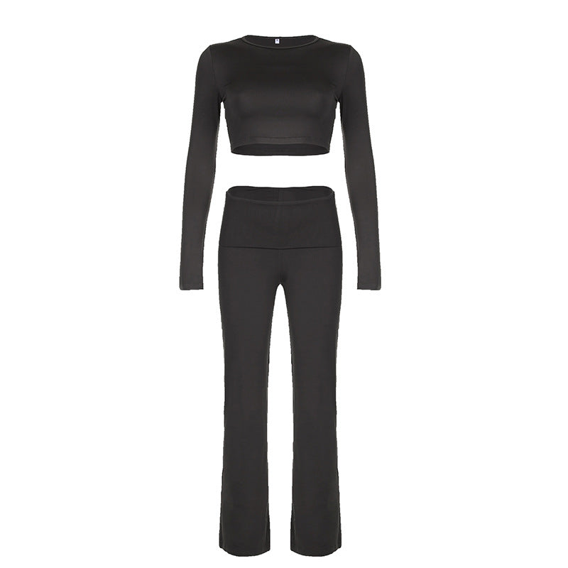 Damen Sportliches Langarm-Crop-Top und figurbetonte Flared-Hose Set Drune