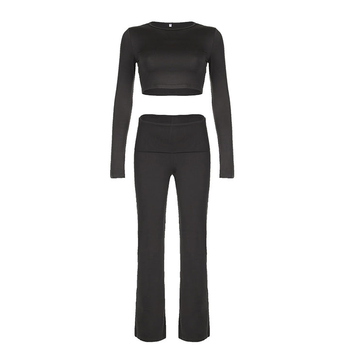 Damen Sportliches Langarm-Crop-Top und figurbetonte Flared-Hose Set Drune