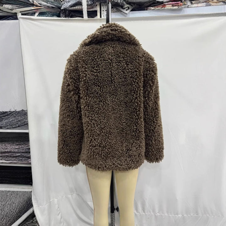 Damen nan Teddyfell-Manteljacke mit großem Schalkragen, wärmender Wattierung und verdeckter Verschluss Drune