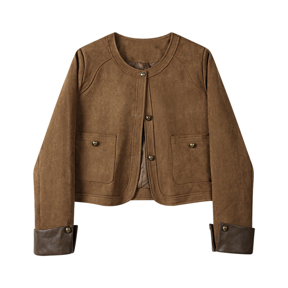 Damen Kurzjacke aus Veloursleder mit Rundhals, aufgesetzten Taschen & Umschlagmanschetten Drune