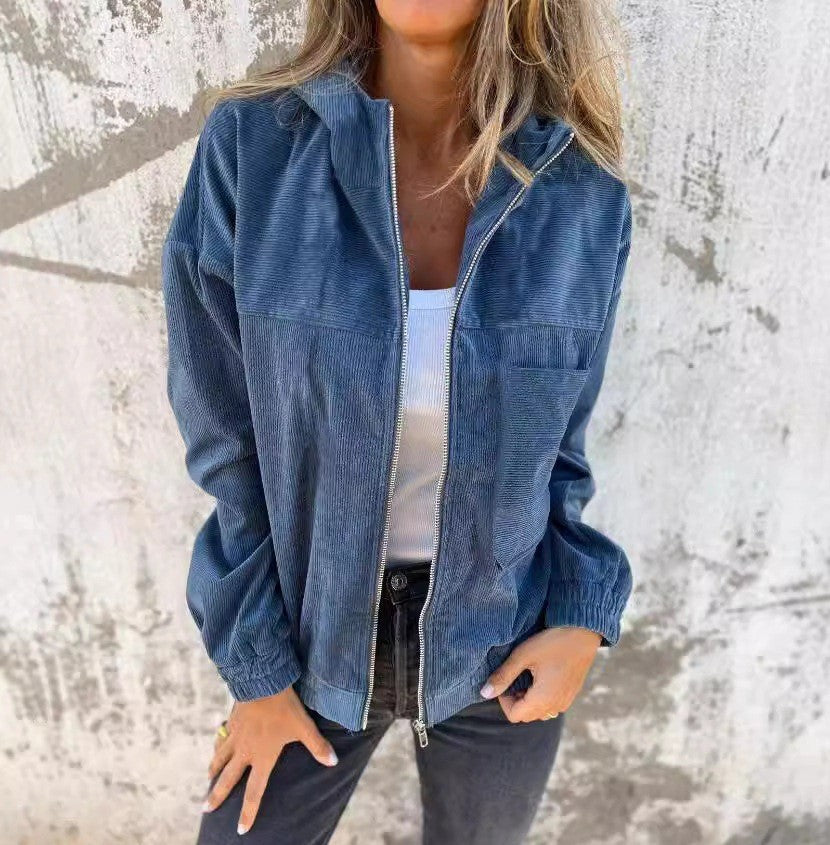 Damen lässige Cordjacke mit praktischen Taschen und elegantem Reißverschluss Drune