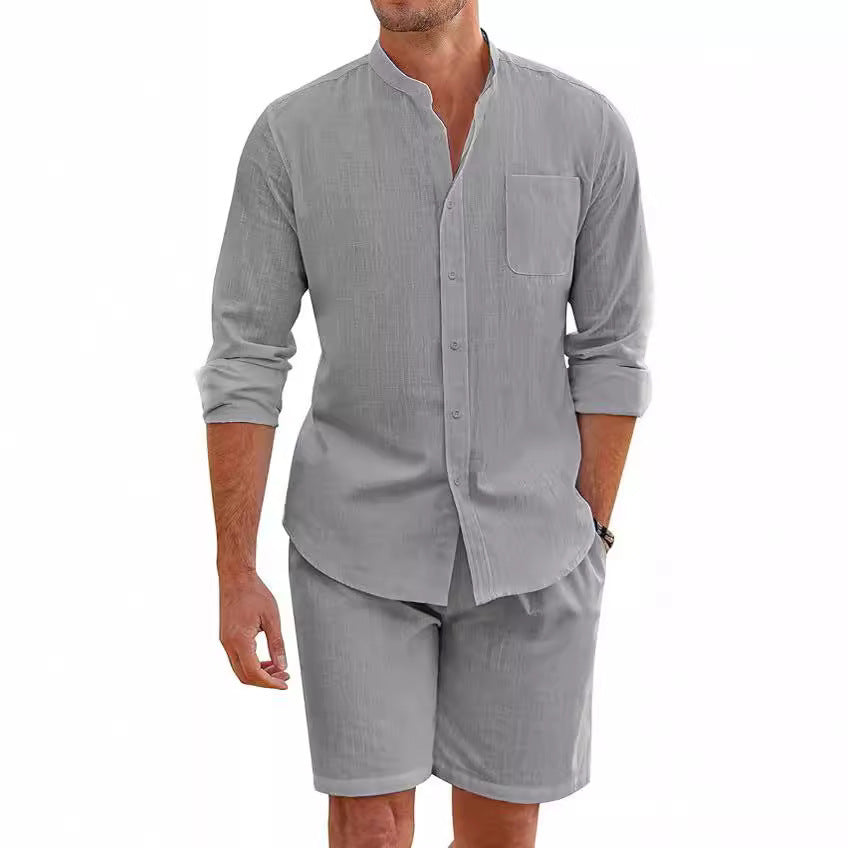 Herren nan Leinenoptik-Zweiteiler mit Stehkragen-Hemd, Brusttasche und legeren Shorts Drune