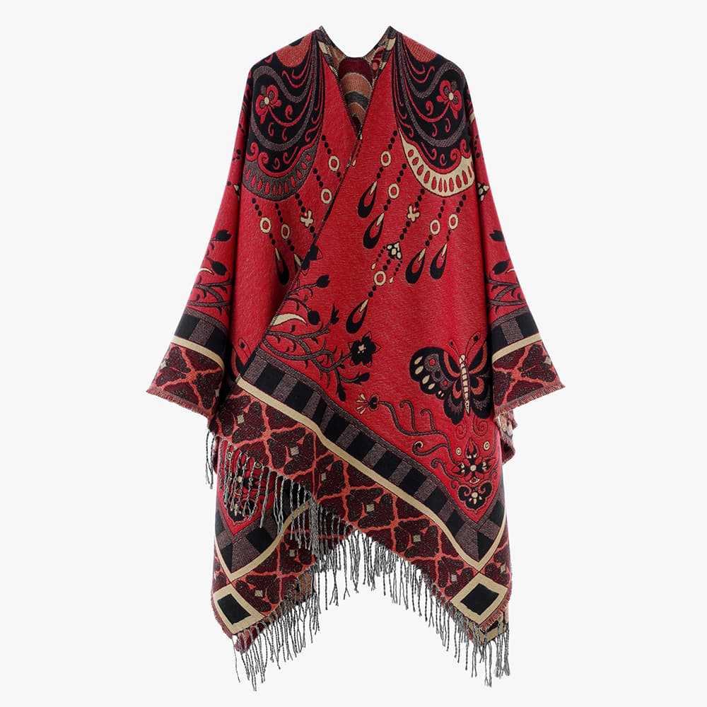 Damen Jacquard‑Gewebter Fransenponcho im Tapisserie‑Look Drune