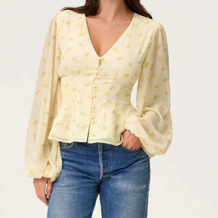 Damen Jacquard-Spitzenbluse mit tailliertem Schößchen und Ballonärmeln Drune