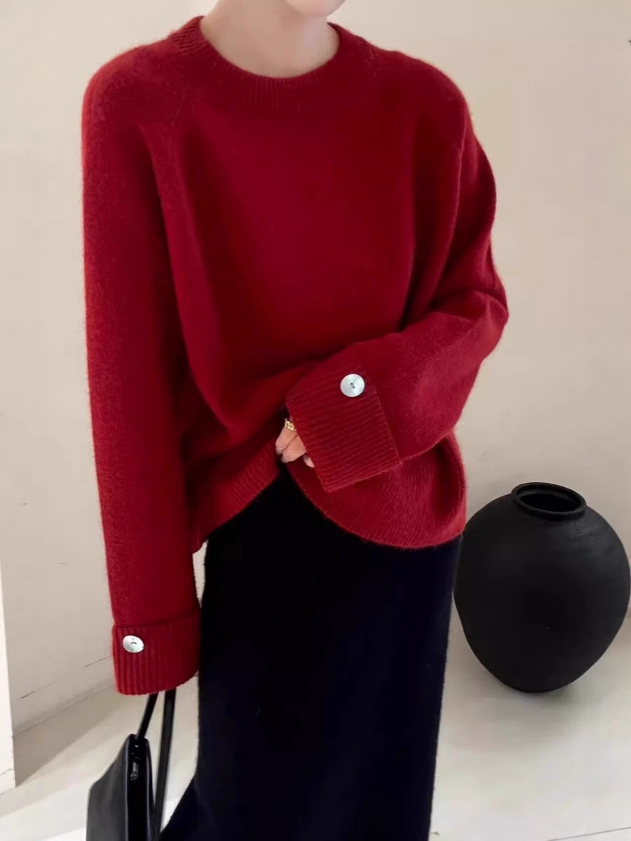 Damen Oversize-Rundhalspullover mit verlängerten Manschetten und Zierknopf Drune