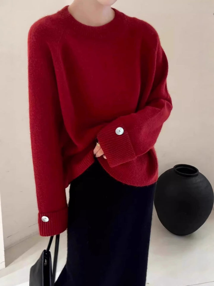 Damen Oversize-Rundhalspullover mit verlängerten Manschetten und Zierknopf Drune