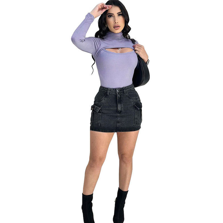 Damen Trendy Langarmoberteil mit Stehkragen und Cut-Out-Details Drune