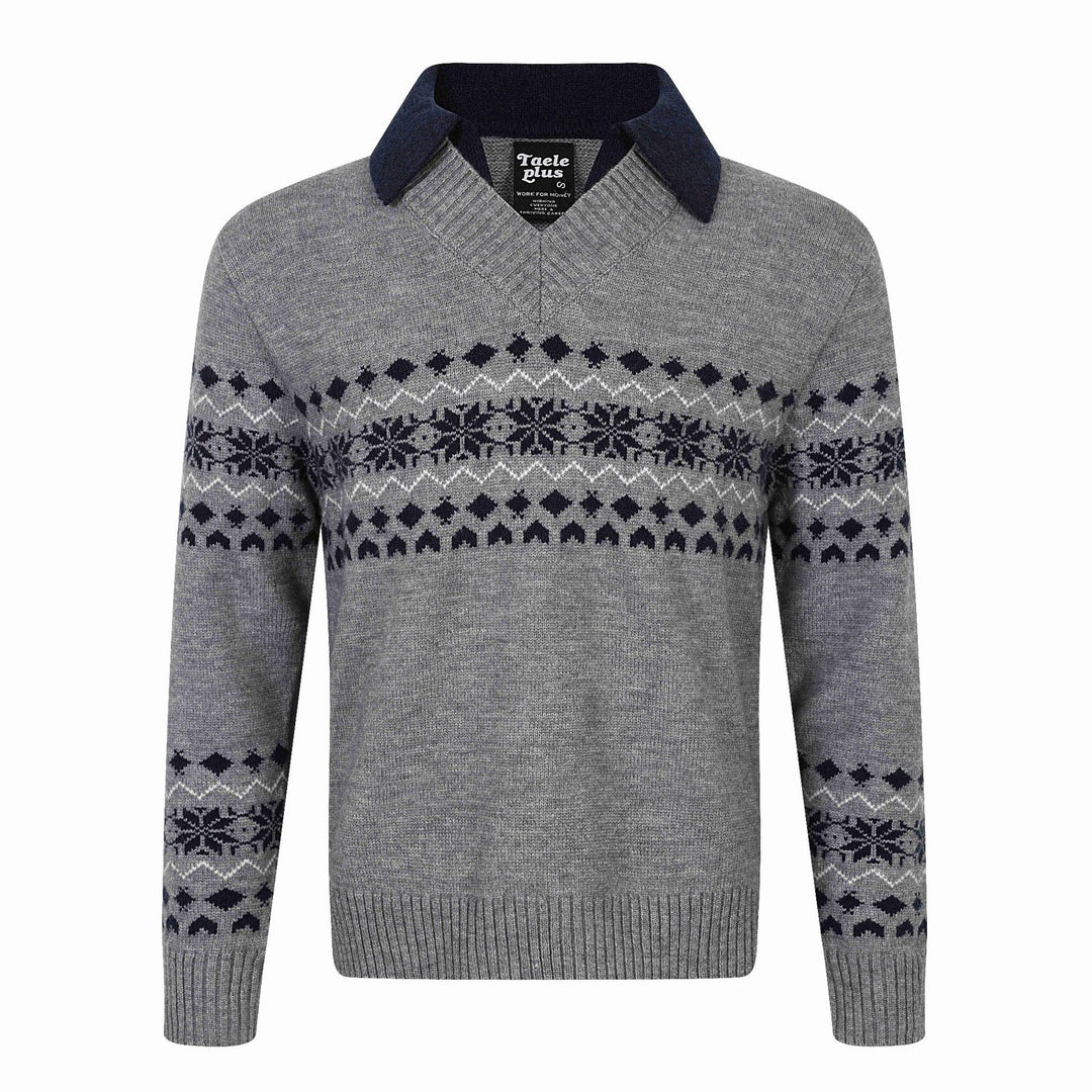 Herren Norweger-Strickpullover mit V‑Ausschnitt und kontrastierendem Hemdkragen Drune