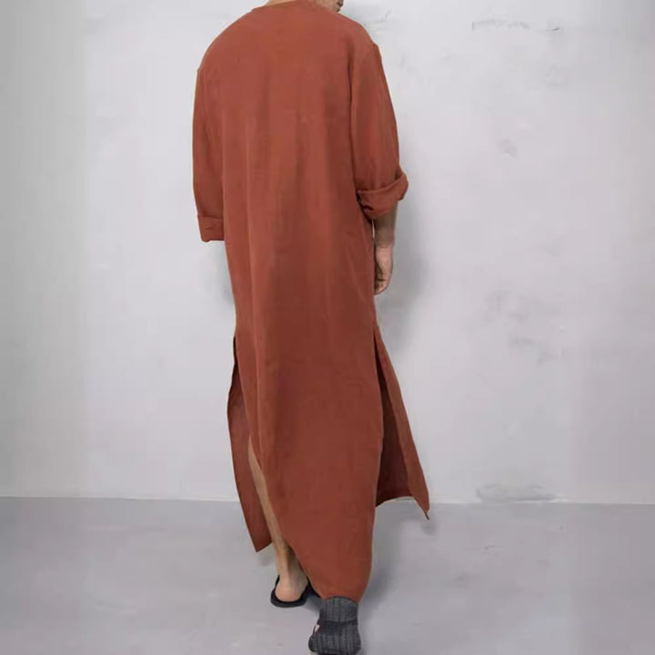 Herren nan weites langes Tunika-Kaftan aus atmungsaktivem Leinen mit Stehkragen Knopfblende und aufgesetzten Taschen Drune