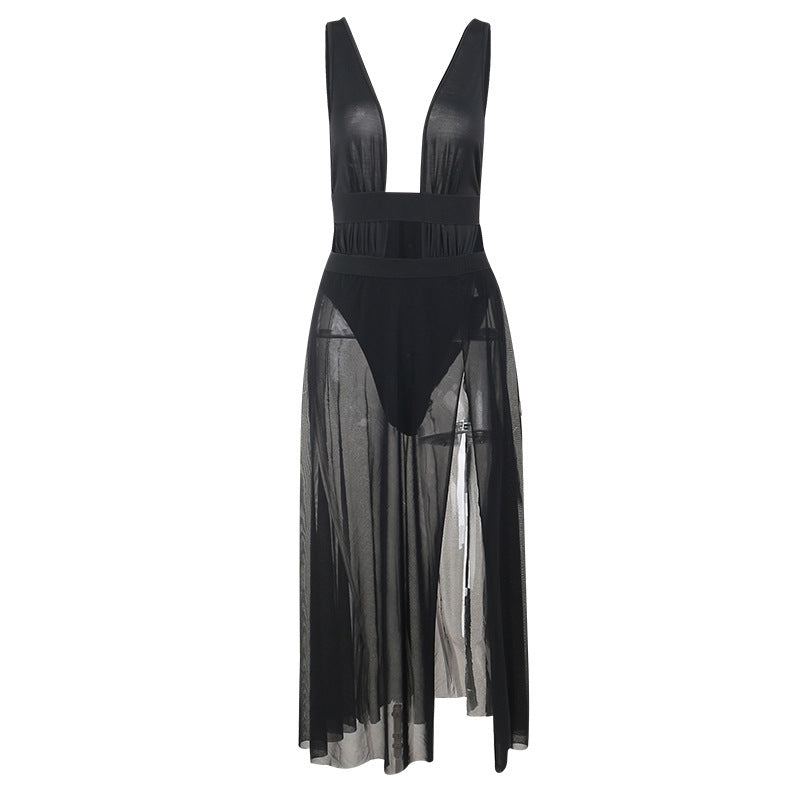 Damen Strandkleid mit tiefem V-Ausschnitt und durchscheinendem Rock Drune