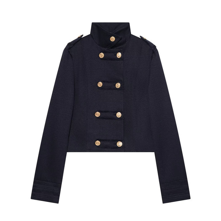 Damen Cropped Militärblazer mit Stehkragen, Epauletten und dekorativer Zierknopfleiste Drune