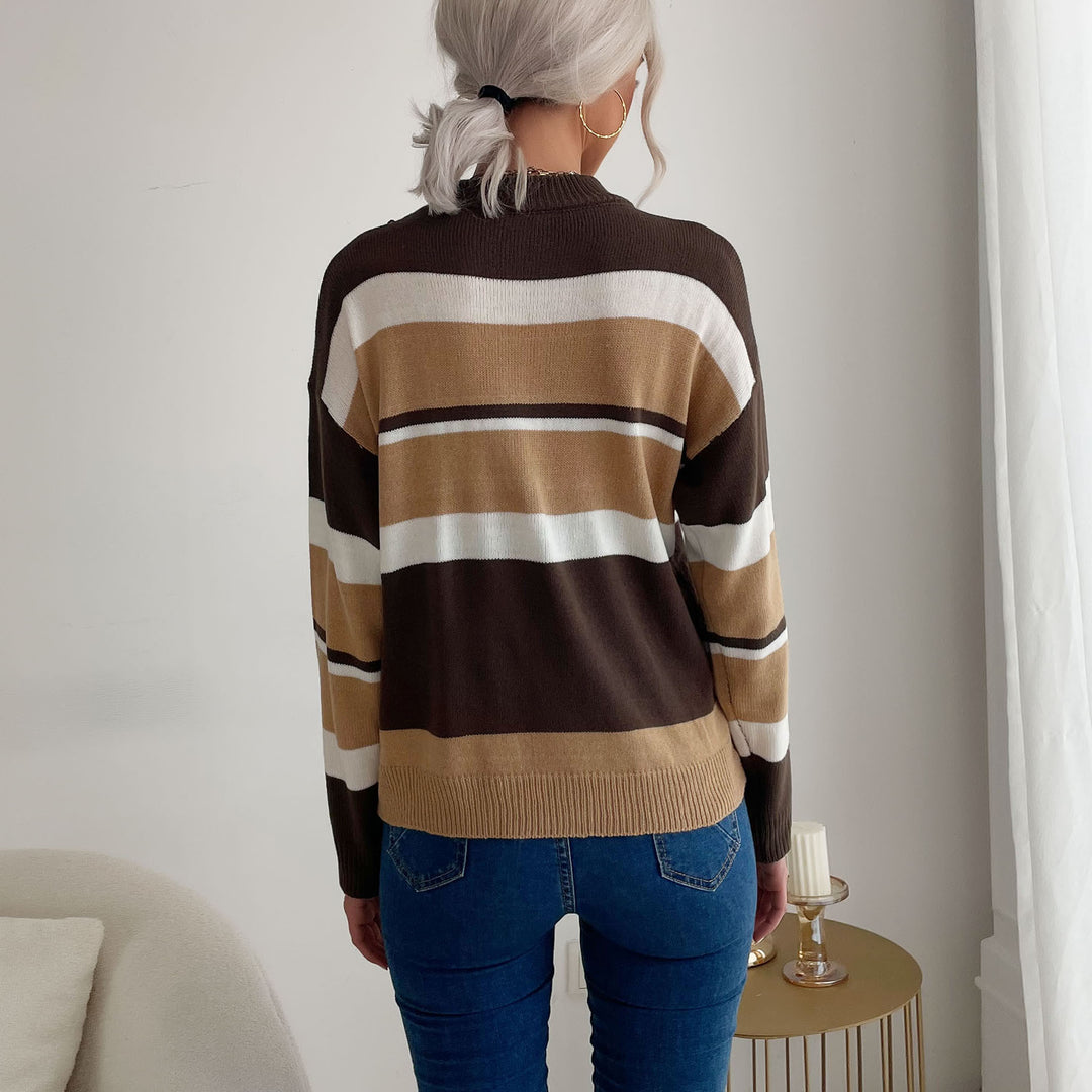 Damen Gestreifter Feinstrick-Pullover mit Stehkragen Drune