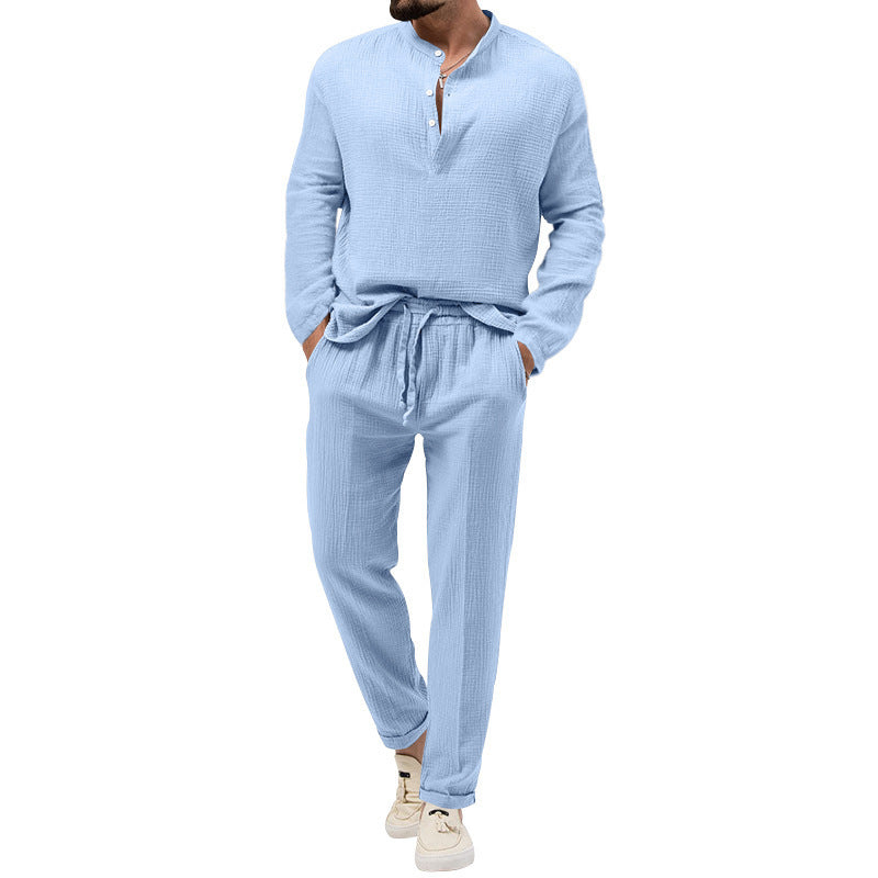 Herren Lässiges Zweiteiliges Lounge-Set aus Baumwoll-Gauze mit Henley-Oberteil und Tunnelzug-Hose Drune