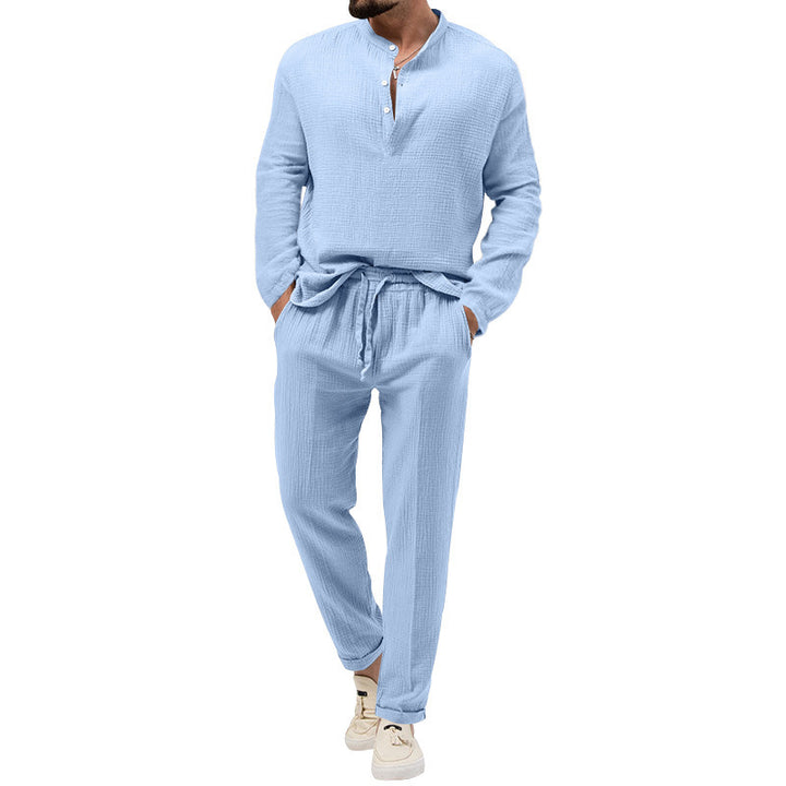 Herren Lässiges Zweiteiliges Lounge-Set aus Baumwoll-Gauze mit Henley-Oberteil und Tunnelzug-Hose Drune
