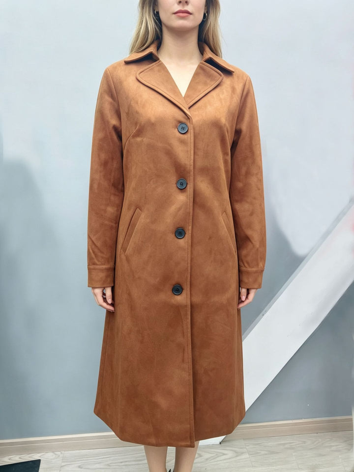 Damen nan langer Veloursimitat-Mantel mit klassischem Revers, markanter Knopfleiste und schrägen Eingrifftaschen Drune