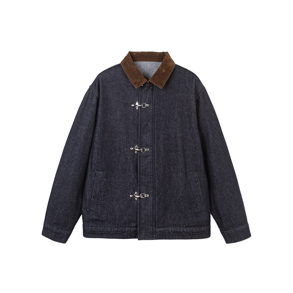 Herren Kastig geschnittener Denim‑Workwear‑Blouson mit Cord‑Umlegekragen und metallischen Hakenverschlüssen Drune