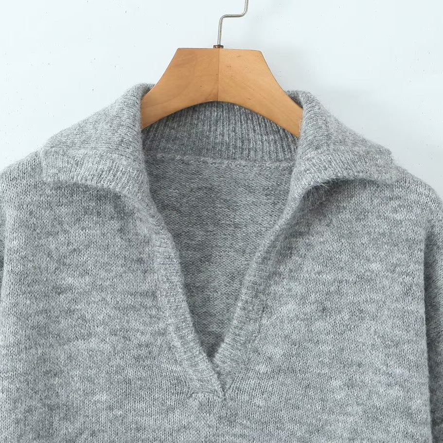 Damen lässiger Strickpullover mit Stehkragen und V-Ausschnitt Drune