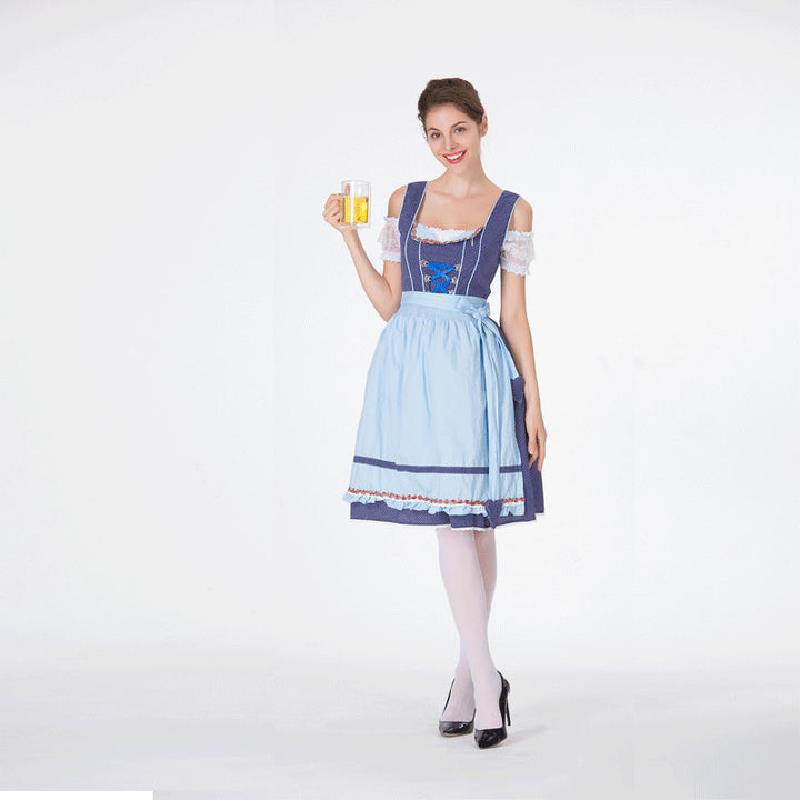 Damen nan bayerisches Trachtenkleid mit gepunktetem Mieder, Spitzeneinsätzen und geraffter Schürze Drune