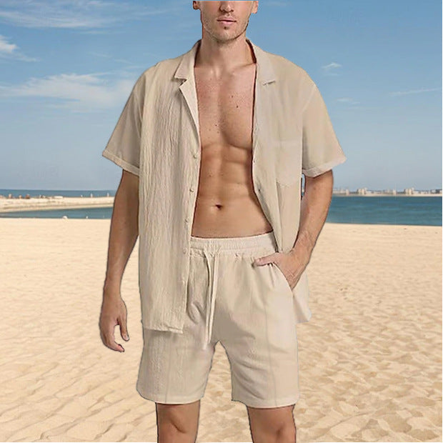 Herren lockeres Kurzarmhemd mit strukturiertem Design und passenden Shorts Drune