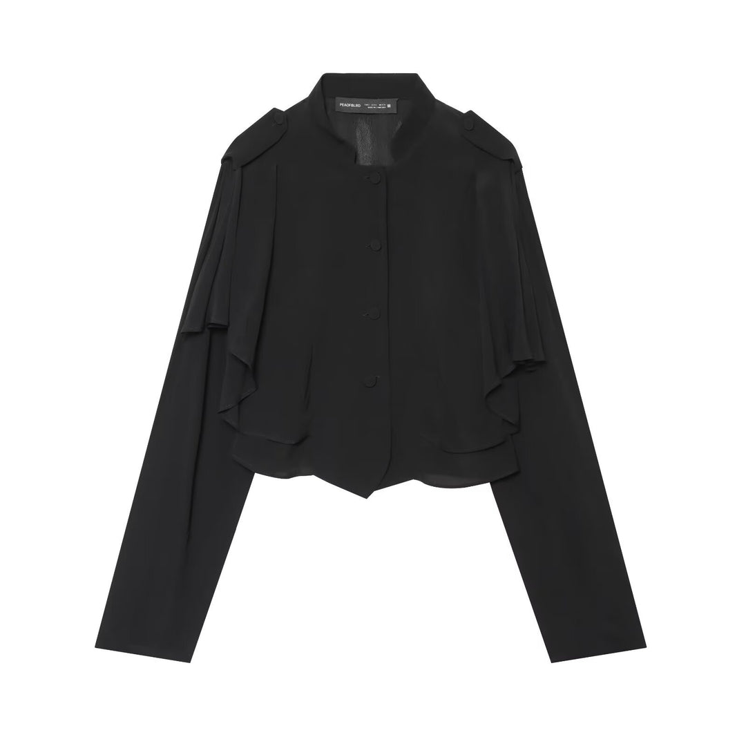 Damen Kurzjacke mit Lagenvolants, Stehkragen und verdeckter Knopfleiste Drune