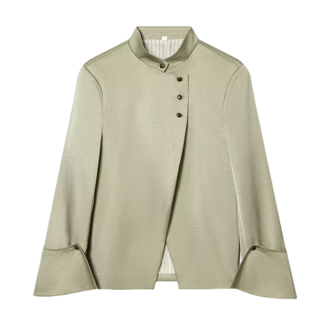 Damen Elegantes Cape-Kurzmantel mit Stehkragen, asymmetrischem Überschlag und Ärmelklappen Drune