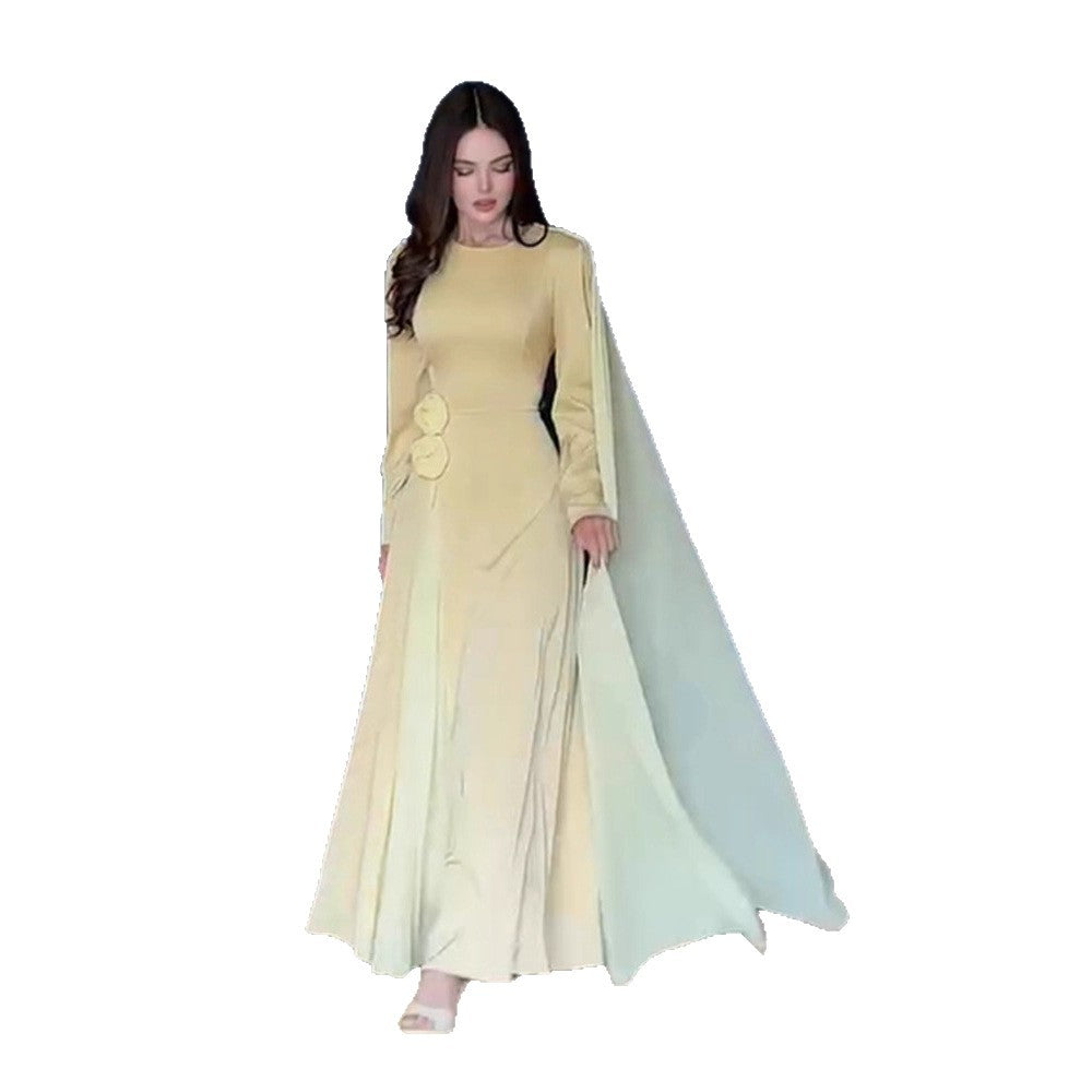 Damen Abendkleid mit Cape-Ärmeln, taillierter Silhouette und Zierblüten-Detail Drune
