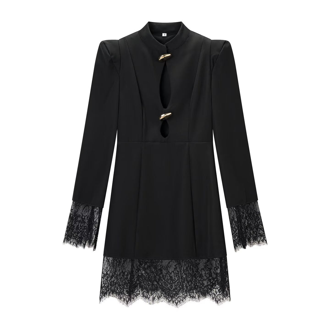 Damen Spitzenkleid mit Stehkragen, Cut-Out-Detail und Zierknöpfen Drune