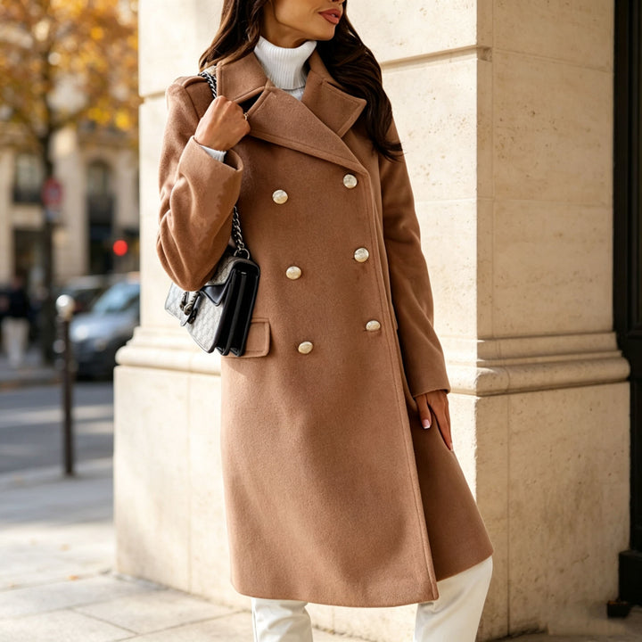 Damen Eleganter zweireihiger Wollmixmantel mit taillierter Silhouette und dekorativen Metallknöpfen Drune
