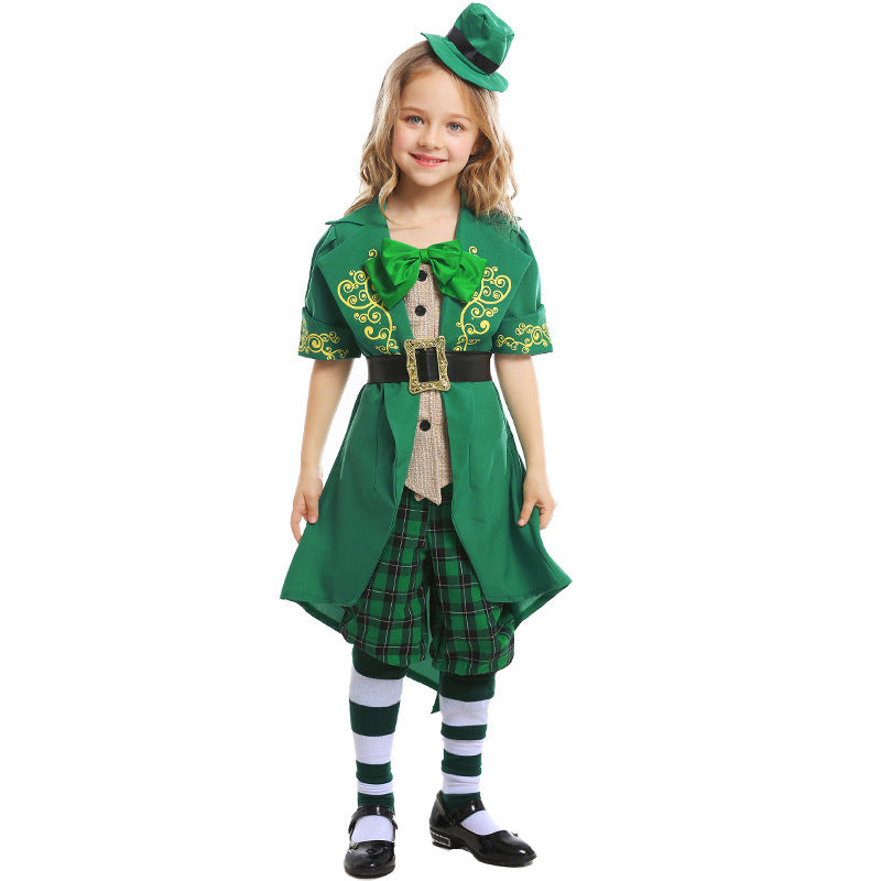 Mädchen Kostüm als irischer Leprechaun mit Hut und Schürze Drune